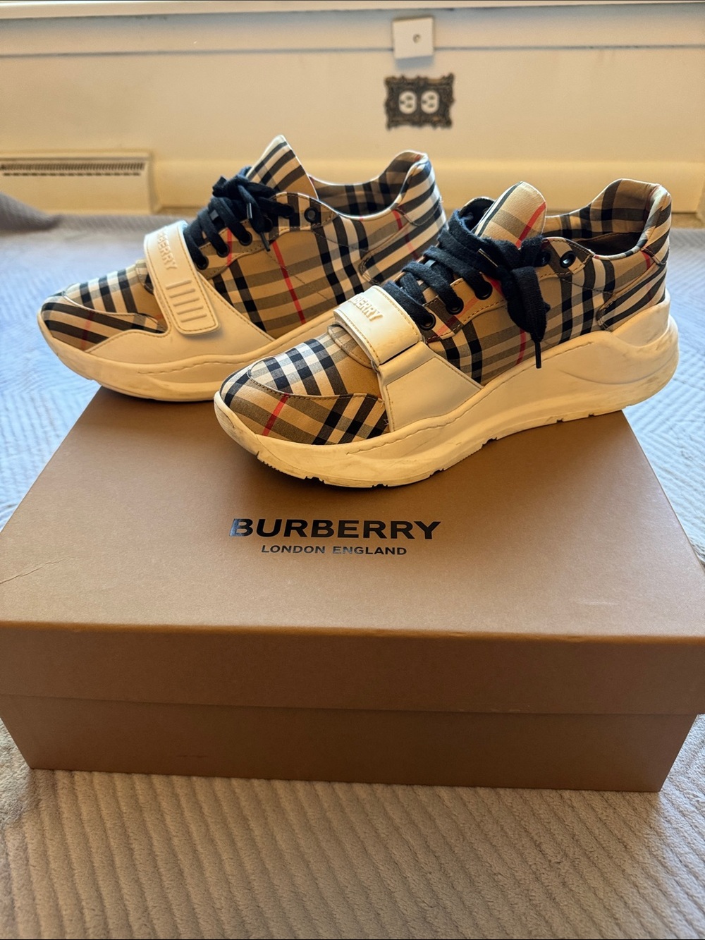 Mens Burberry Plaid Sneakers in Archive Beige, Black and Red
